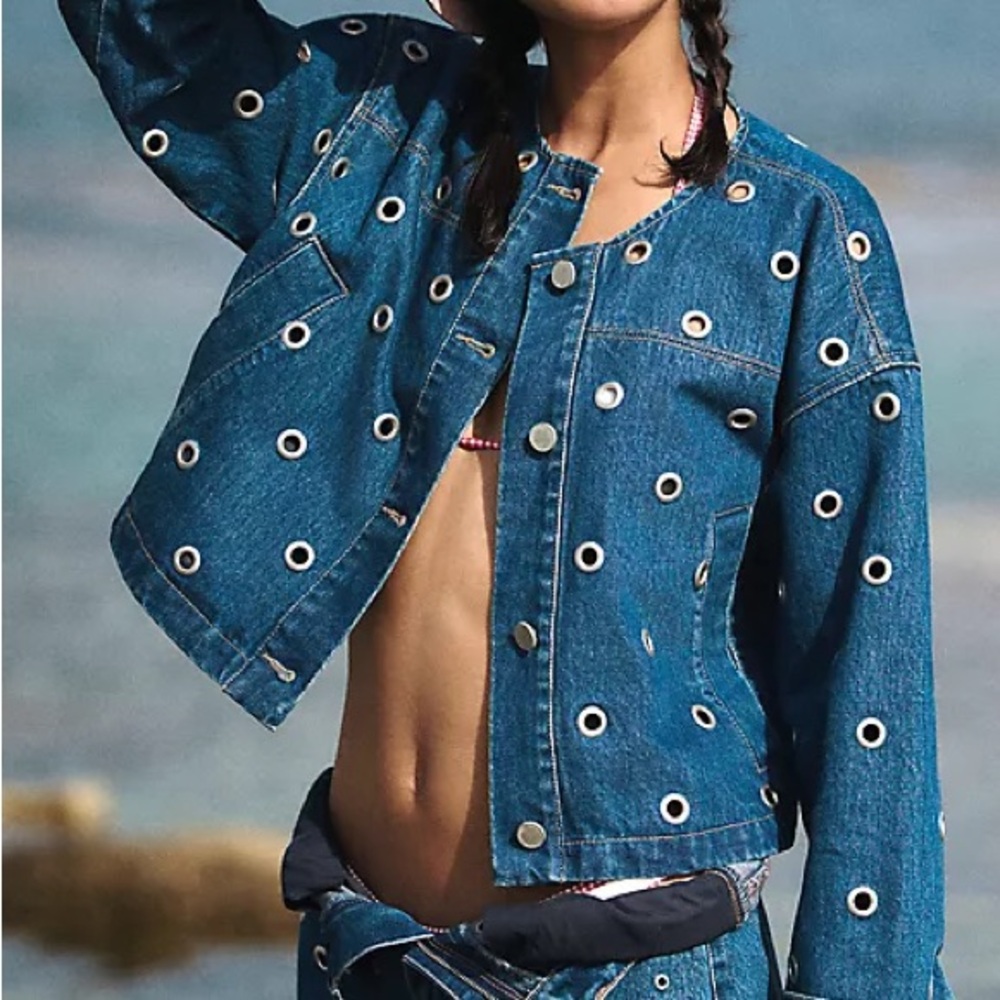 Blank NYC Blue Denim Jacket with Grommet Accents S NWT